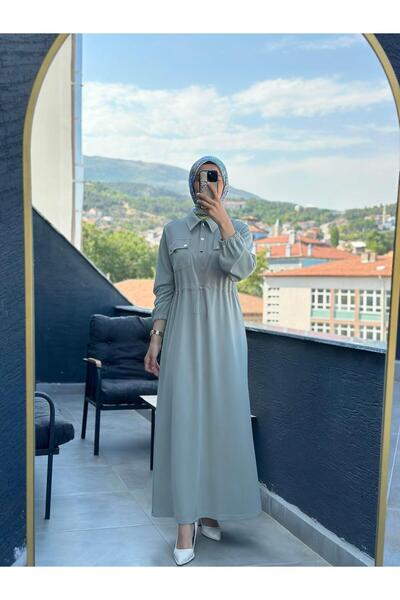 İkoll Beli Tünelli Gömlek Yaka Mint Renk Kadın Elbise