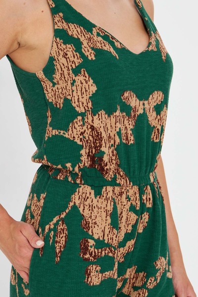 armonika Women's Green-Beige Strap Short Jumpsuit with Elastic Waist and Pockets Arm-25Y001100