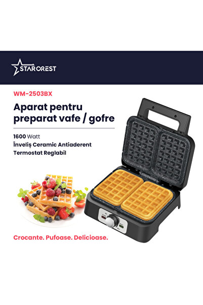 STARCREST Aparat de facut vafe WM-2503BX, 1600W, Buton reglare temperatura, Placi cu invelis ceramic
