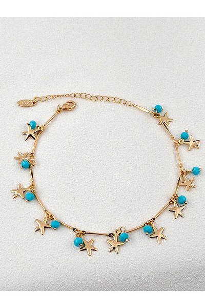 Siya Silver Steel Anklet with Starfish and Oyster Figures and Pearls