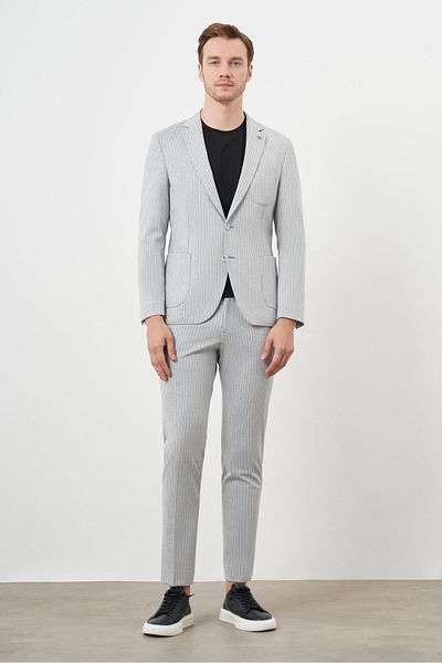 Morven Men's Gray Polyviscon Trend Striped Pattern Slim Fit Mono Collar Suit