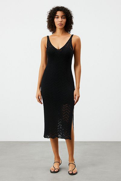 Noi Belis Openwork Slit Chest Low-Cut Strap Long 100% Cotton Beach Dress Ss25El0003