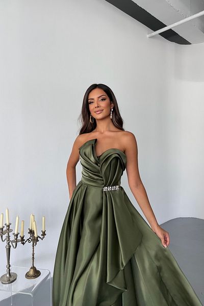 İyem Abiye Organza Princess Waist Stone Design Evening Dress Tight Fit