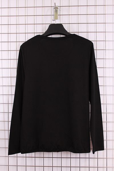 YXL COLLECTION Women's Plus Size Crew Neck Long Sleeve Patterned Skirt Gathered Mother Combed Cotton Blouse - Black