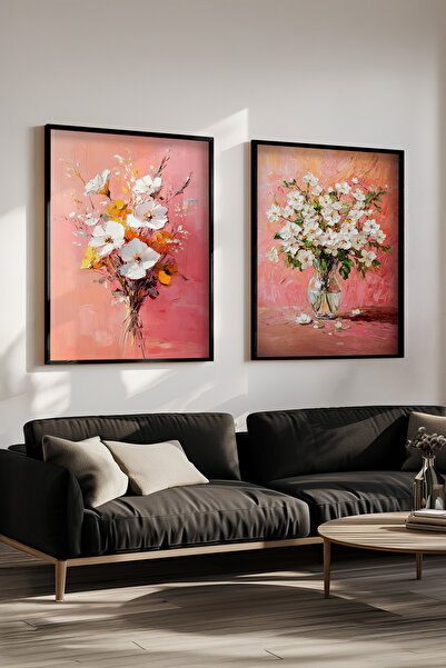 STARYUNA Σετ δύο ζωγραφικών εργασιών σε ροζ τόνους με θέμα τα λουλούδια με μα...