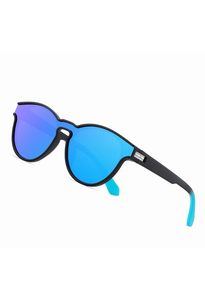 GERICOM Ochelari de soare pentru femei, formă rotundă, lentile polarizate, filtru UV, lentilă albastră, plastic negru-albastru