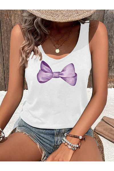 mercoledi Women's Cat Printed Slim Fit Hollow Collar Swimmer Tank Top T-Shirt