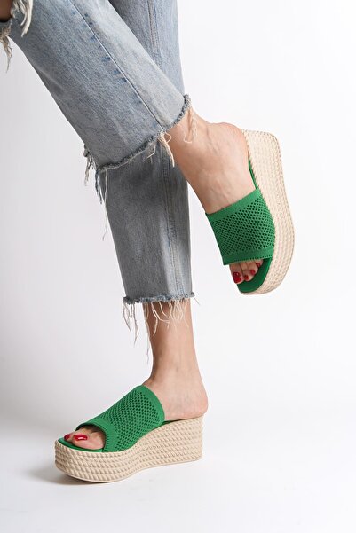 EBRUS TREND Jet-Marla Wedge Heeled Orthopedic Sole Straw Look Knitwear Women's Slippers Tkt - Green