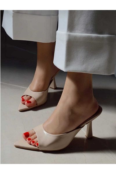 Best Group Women's Pointed Toe Tape Detailed Heeled Slippers Sandals