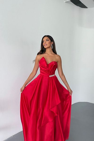 İyem Abiye Organza Princess Waist Stone Design Evening Dress Tight Fit