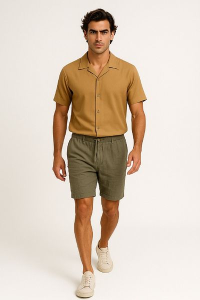 OIL PARK Muslin Linen Men's Shorts with Elastic Waist and Lace-Up Belt