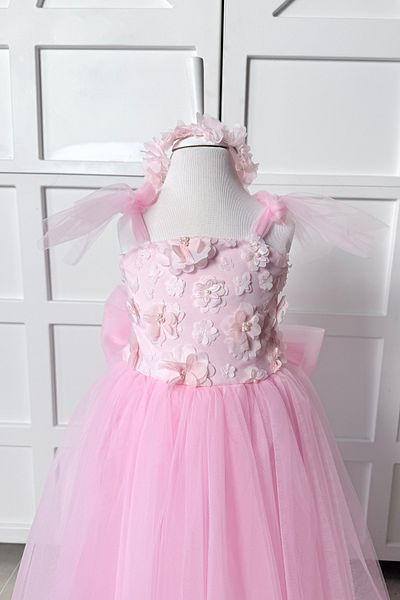modabesta Pink Crown Gifted 3D Floral Long Girl's Evening Dress and Party Dress
