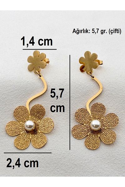 Siya Silver Double Daisy Pearl Long Drop Steel Earrings