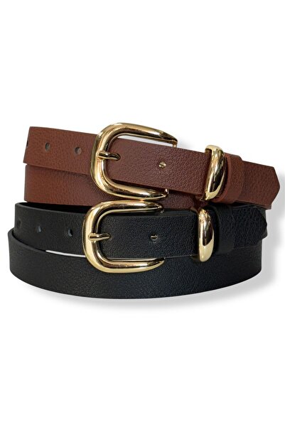 Kemerix Women's Gold Buckle Black-Tan 2-Piece Belt Set