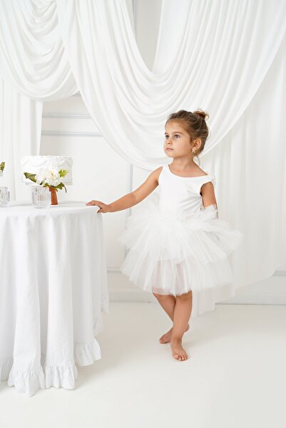 My Baby By Merry فستان باليه بالزهور البيضاء - فستان حفلة عيد الميلاد