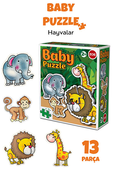 Meleni Toys 13 Parça Hayvan Figürlü Puzzle Seti - Aslan Fil Zürafa Maymun Şekilli 2-3 Yaş Eğitici Yapboz