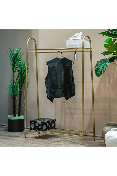 HALL BREATHE Altın metal ayaklı elbise askısı, 2 katlı raflı dekoratif askılık
