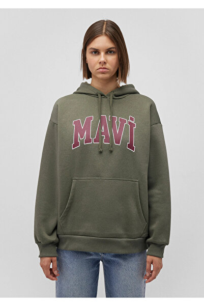 Mavi Logo Printed Hooded Khaki Sweatshirt Oversize / Wide Cut 1600361-71581