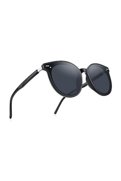 GERICOM Ochelari de soare de dama, forma rotunda, polarizati, filtru UV, lentila neagra, Negru