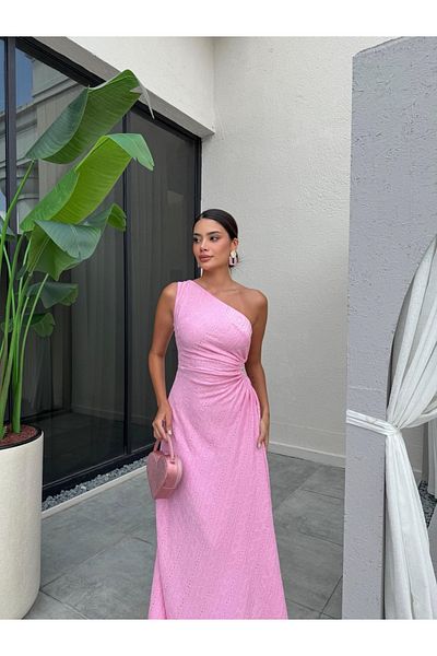 ESRAHELVACI One Shoulder Lace Textured Smocked Dress