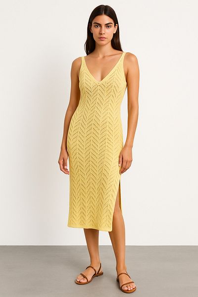Noi Belis Openwork Slit Chest Low-Cut Strap Long 100% Cotton Beach Dress Ss25El0003