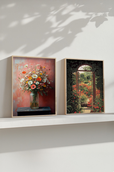 STARYUNA Ahşap Çerçeveli Çiçek ve Bahçe Manzaralı Yağlıboya Efektli İkili Tab...