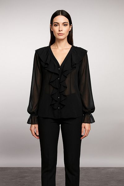 Noi Belis Black Transparent Ruffle Detailed Woven Shirt Ss25Go0010