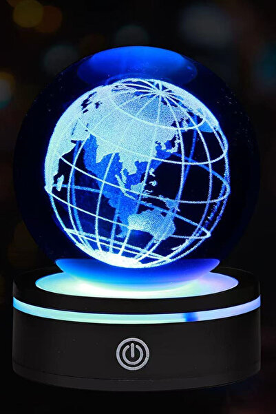 CİYU TİCARET Işıklı Dönen Cam Küre Dünya Görselli Şeffaf Cam Küre Hediyelik D...
