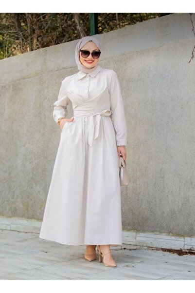 TESETTÜR AKBAŞ Çapraz Düğme Detaylı Bağlamalı Poplin Tesettür Elbise