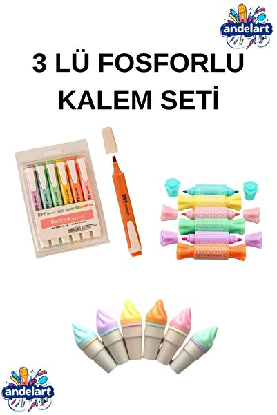 andelart Mini 3 Parça Fosforlu Kalemler Seti - Dondurma - Şeker - Macaron Fos...