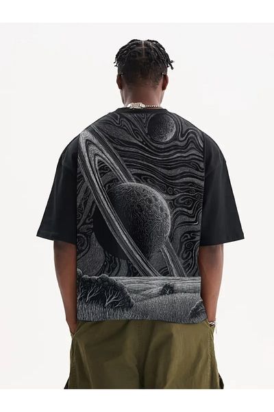aynewmoda Unisex Saturn Printed Relaxed Fit Long Sleeve T-Shirt