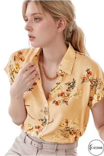 Cassime Women's Floral Patterned Short Sleeve Bat Beige Shirt