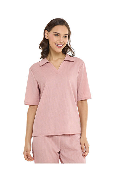 R&B Textured Collared Top with Short Sleeves