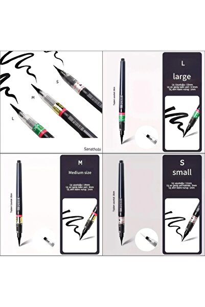 Sanathobi Brush pen, hazneli fırça uçlu kalem, çini, seramik, tahrir fırçası, tahrir kalemi, 3 Adet-S-M-L
