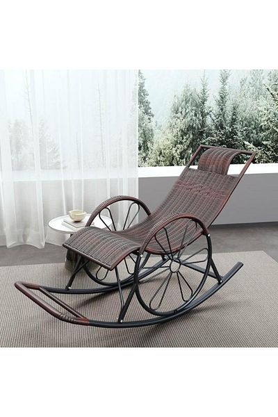 Generic Rattan Rocking Chair with Two Wheel Design for Porch Garden or Indoor Use - Brown