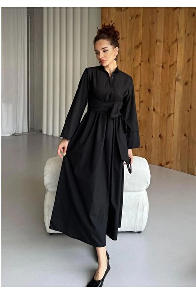 TESETTÜR AKBAŞ Çapraz Düğme Detaylı Bağlamalı Poplin Tesettür Elbise