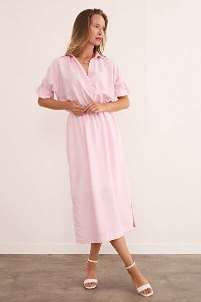 Fulla Moda Striped Shirt Collar Waist and Sleeve Elastic Dress