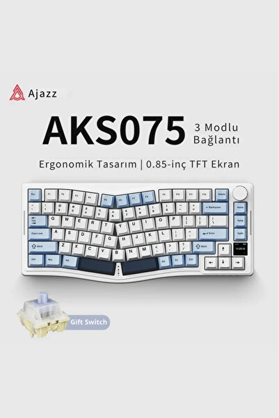 Ajazz AKS075 Ergonomik Gift Switch-Mekanik Klavye-BT5.1/2.4GWireless/USB-Hot Swap Dinamik RGB - Mavi