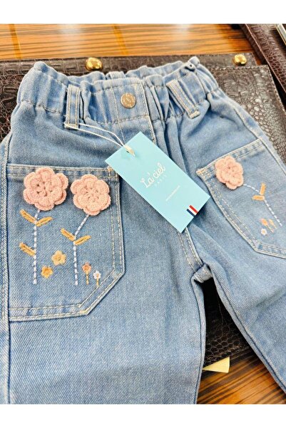 Magu Girl's Cotton Blue Floral Embroidered Elastic Waist Jeans