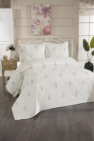Çeyiz Diyarı Pinkrose Embroidered Chenille 3 Piece Double Bedspread Cream