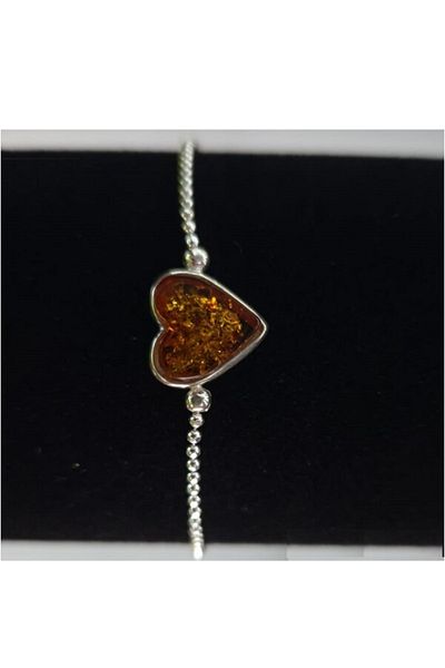 OEN Silver bracelet with cognac brown amber, heart pattern, length 21 cm, adjustable, 2.75 g