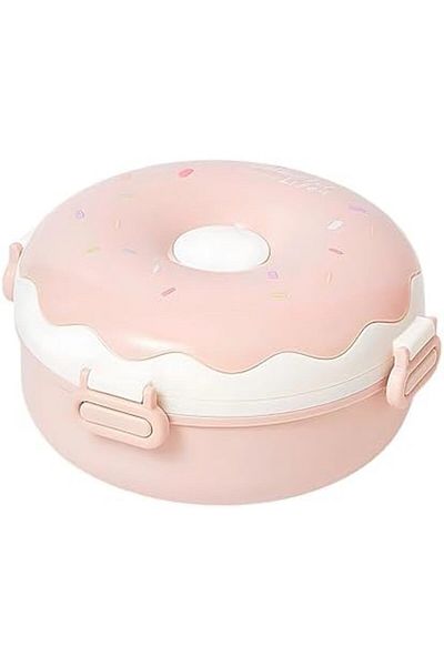 Twisoo Donut Plastic Lunch Box - Double Decker, BPA Free, Leakproof, Clip Lock, 3 Compartments, with