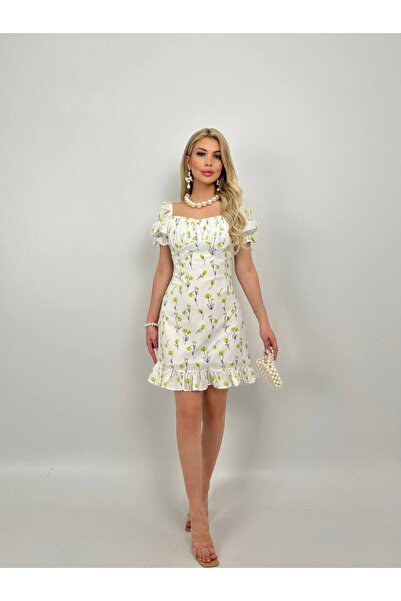 Fade Çiçek Desenli Kısa Fırfırlı Yazlık Elbise