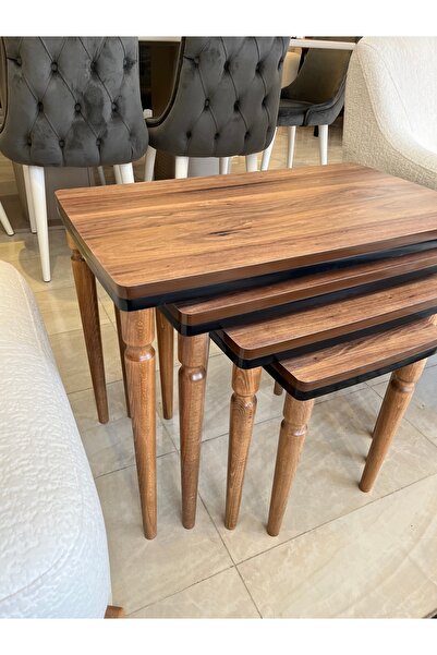 HALL BREATHE Şık 4'lü Lüx Zigon Sehpa Ceviz ve Siyah Kahverengi Tasarım