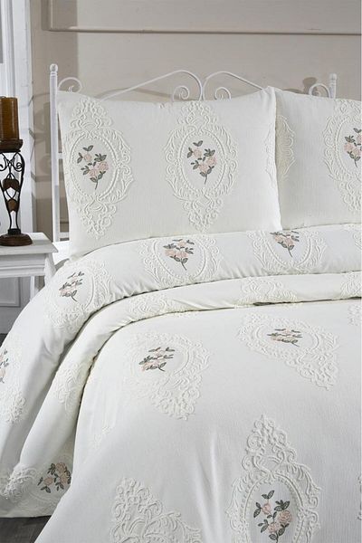 Çeyiz Diyarı Gardenlove Embroidered Chenille 3 Piece Double Bedspread Cream