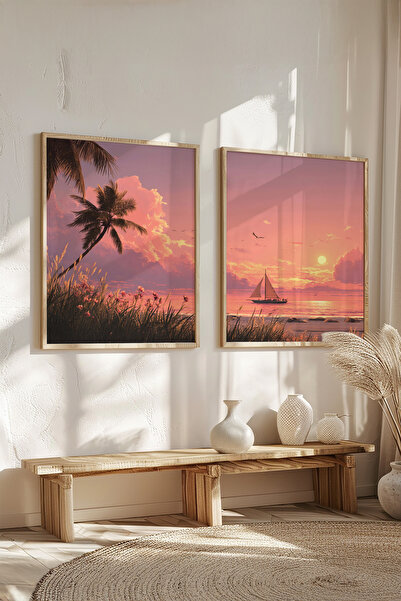 STARYUNA Ahşap Çerçeveli Gün Batımı ve Tropik Sahil Manzaralı İkili Tablo Set...
