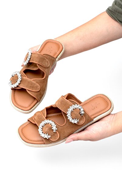 Ayakkabı Fuarı Elit Meliora Women's Genuine Leather Flat Slippers Brown