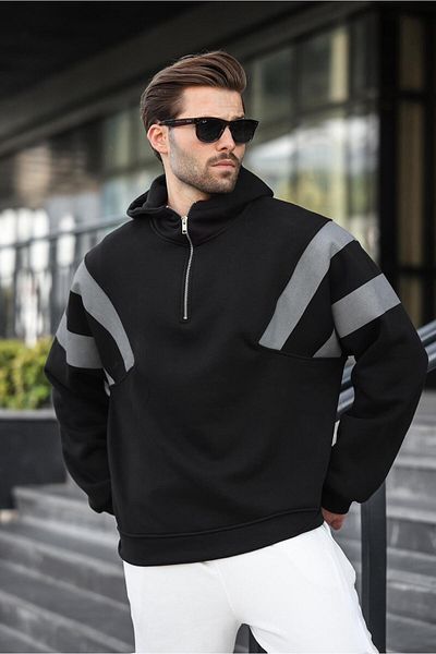 Madmext Black Zippered Collar Hooded Men's Sweatshirt E7161