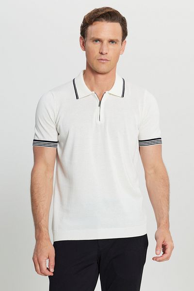 ALTINYILDIZ CLASSICS Men's White 100% Cotton Standard Fit Regular Fit Polo Neck Dobby Knitwear T-Shirt