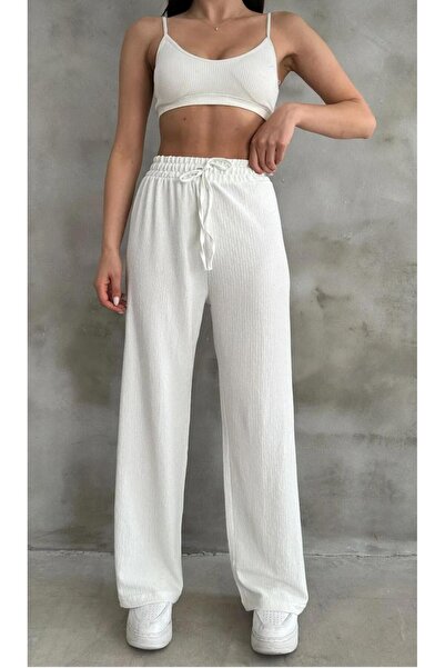 QUUL'Y SUN&SHİNE //YENİ SEZON// EFİL EFİL BEL LASTİKLİ KADIN YÜKSEKBEL WİDE LEG PANTOLON (GOFRE KUMAŞ)